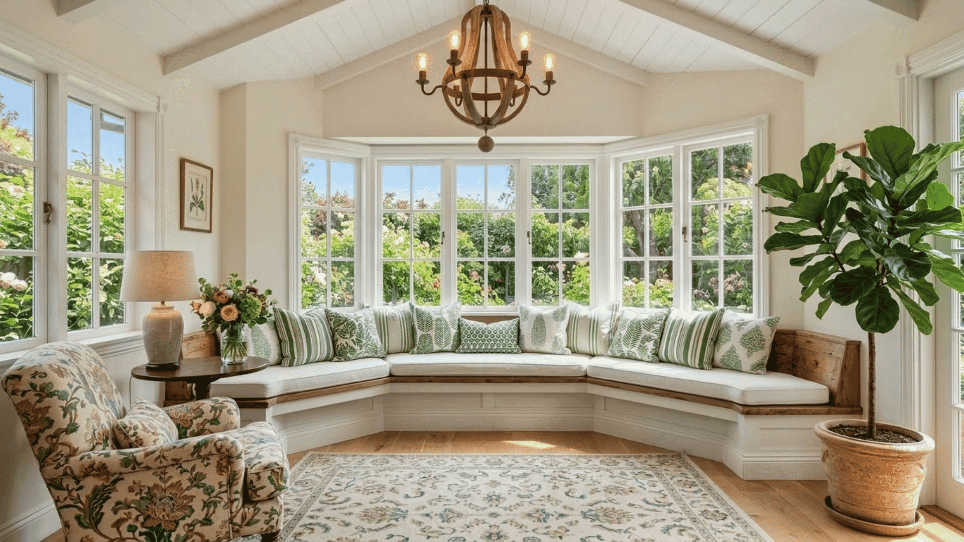 bright sunroom with curved window seating, floral chair, cushions, plants, and chandelier
