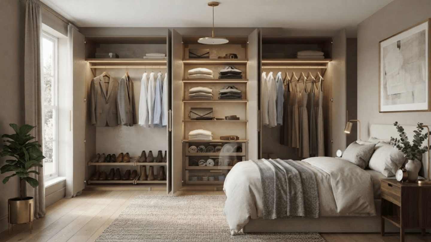 IKEA PAX wardrobes upgraded with aligned brass handles for an elegant luxury bedroom appearance