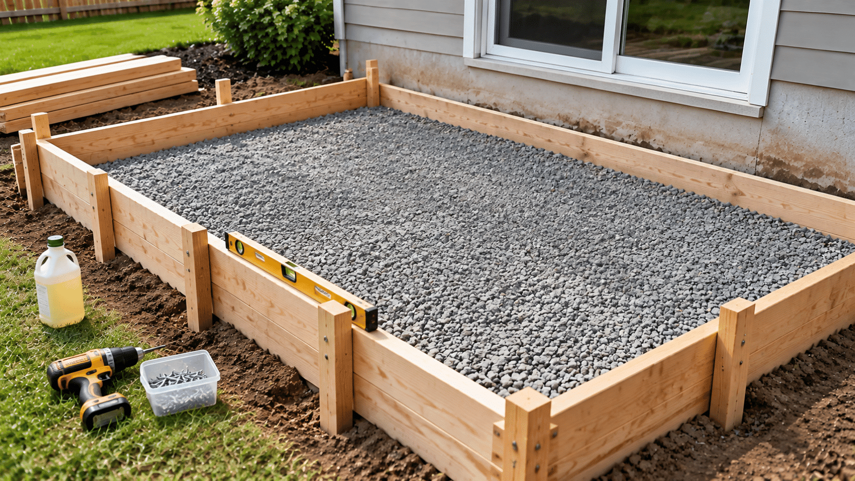 Wooden forms secured around the patio area showing framing preparation for a diy concrete patio installation process.