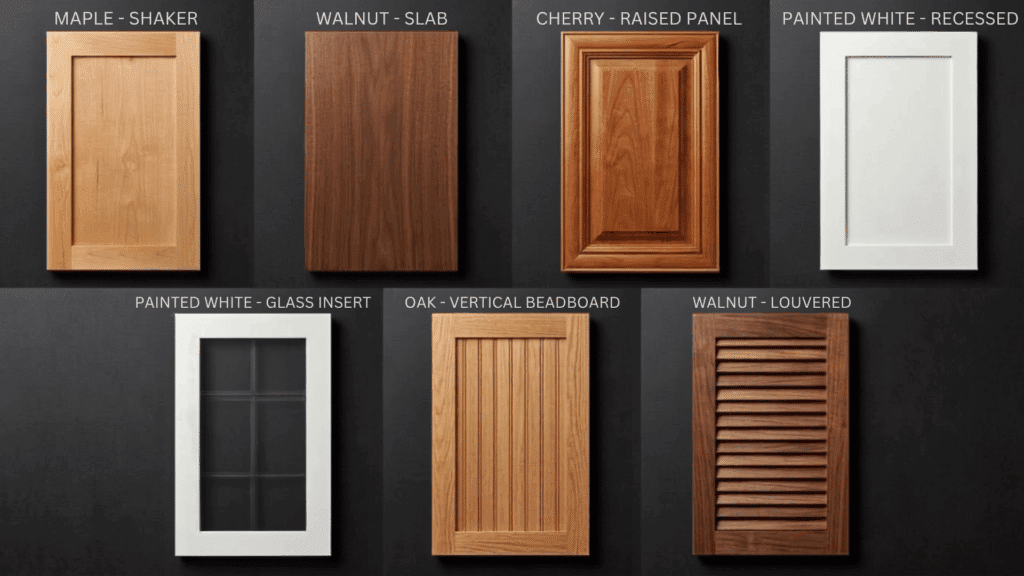 cabinet door styles collage showing shaker, slab, raised panel, glass, beadboard, and louvered designs