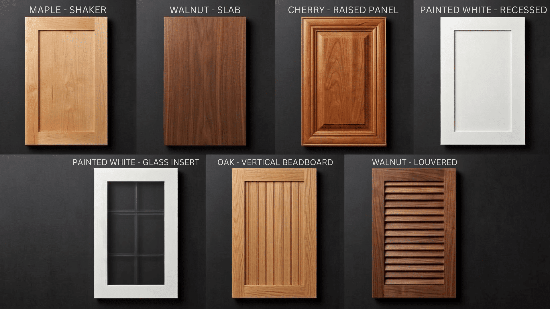 cabinet door styles collage showing shaker, slab, raised panel, glass, beadboard, and louvered designs