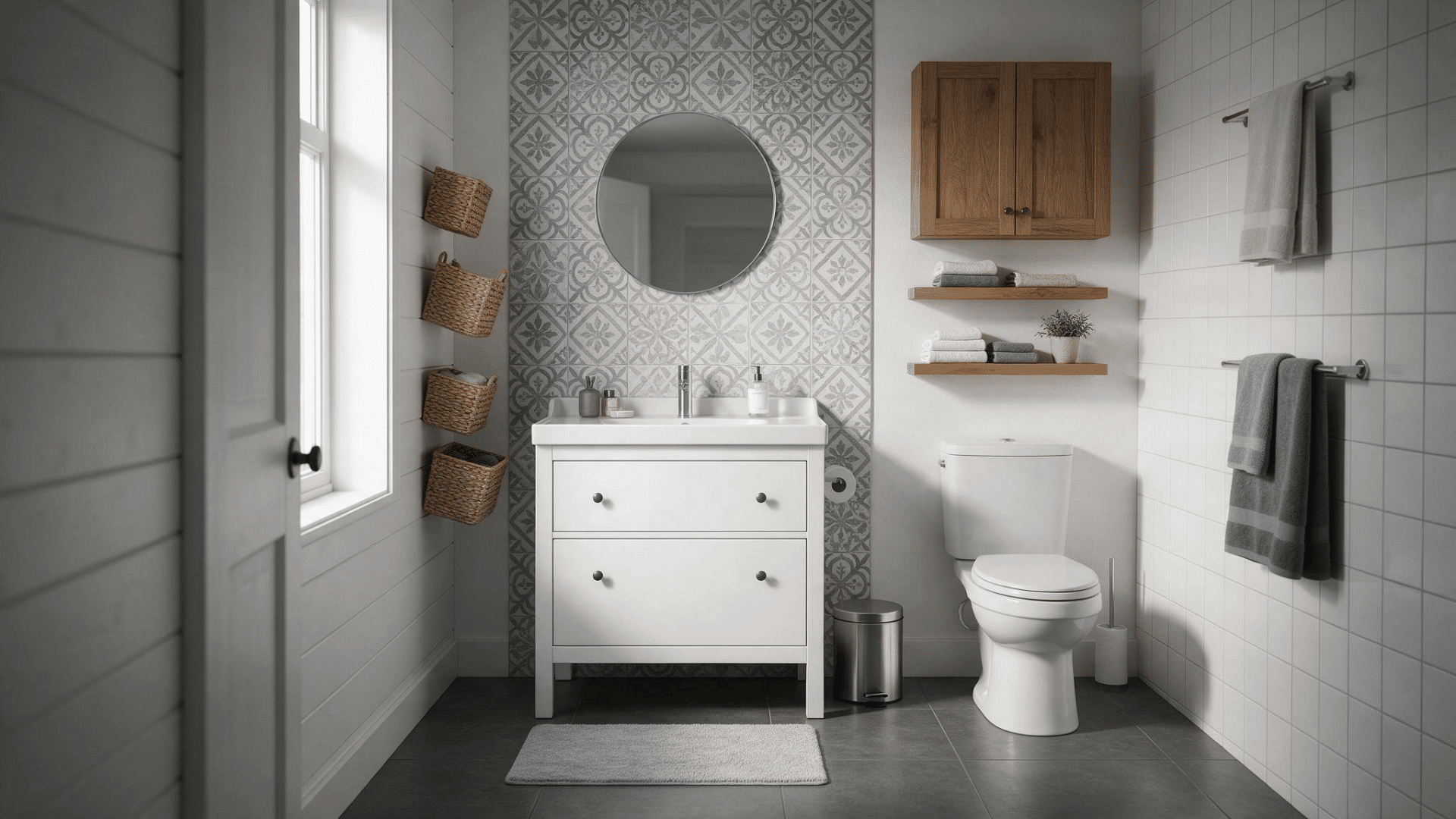 bathroom with wall cabinets, floating shelves, woven baskets, and towel racks for organized storage