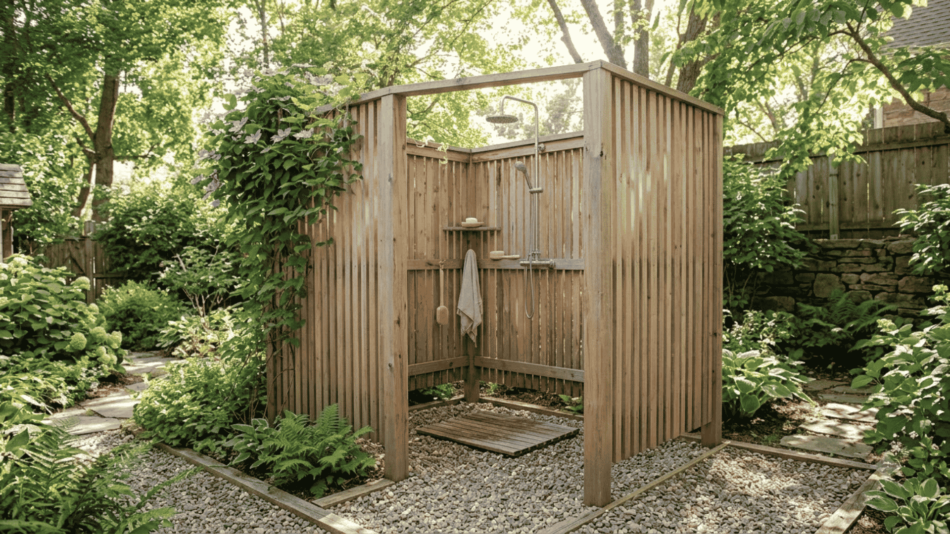 Outdoor shower with cedar privacy slat enclosure, stone base, wooden platform, towel hook, and lush garden surroundings.