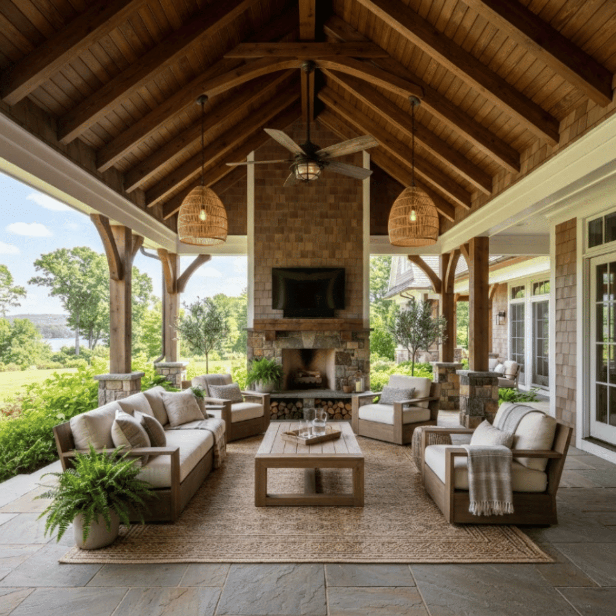 Covered porch with vaulted ceiling, exposed rafters, and spacious seating area