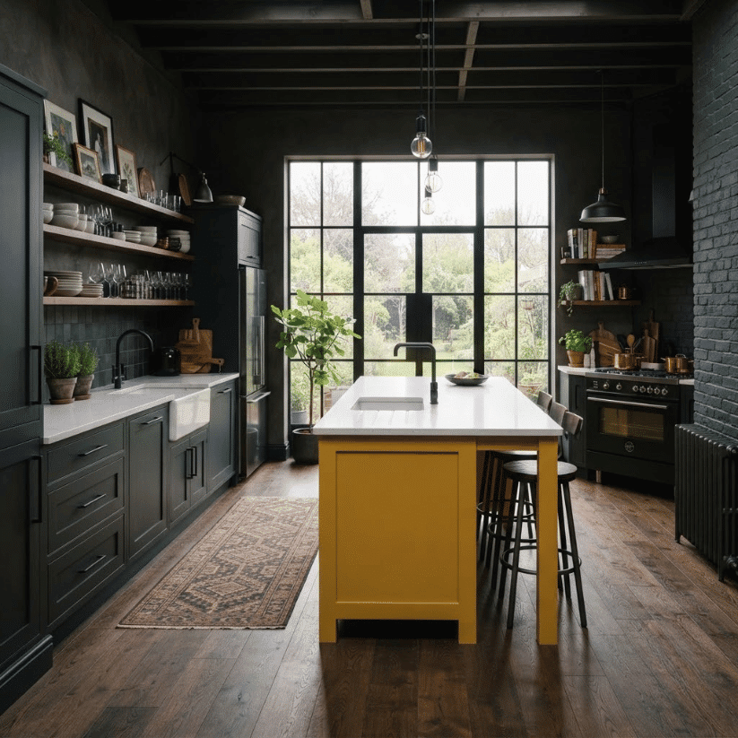 charcoal perimeter mustard yellow cabinets