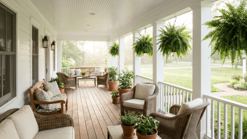 Classic white porch ceiling ideas featuring bright beadboard panels for a timeless outdoor space