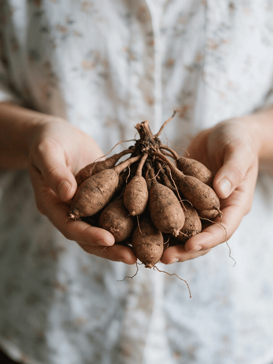 Dahlia tubers held in hands after harvesting for winter storage preparation.