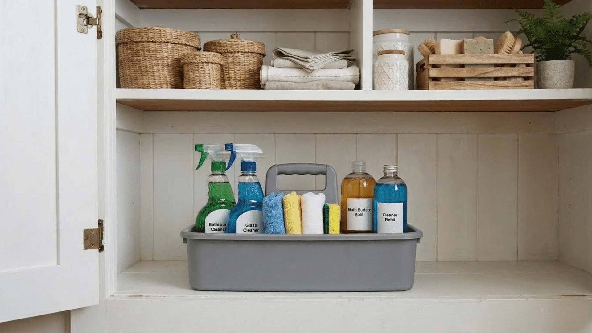 bathroom cleaning sprays, sponges, and refills grouped in a caddy on a lower linen closet shelf