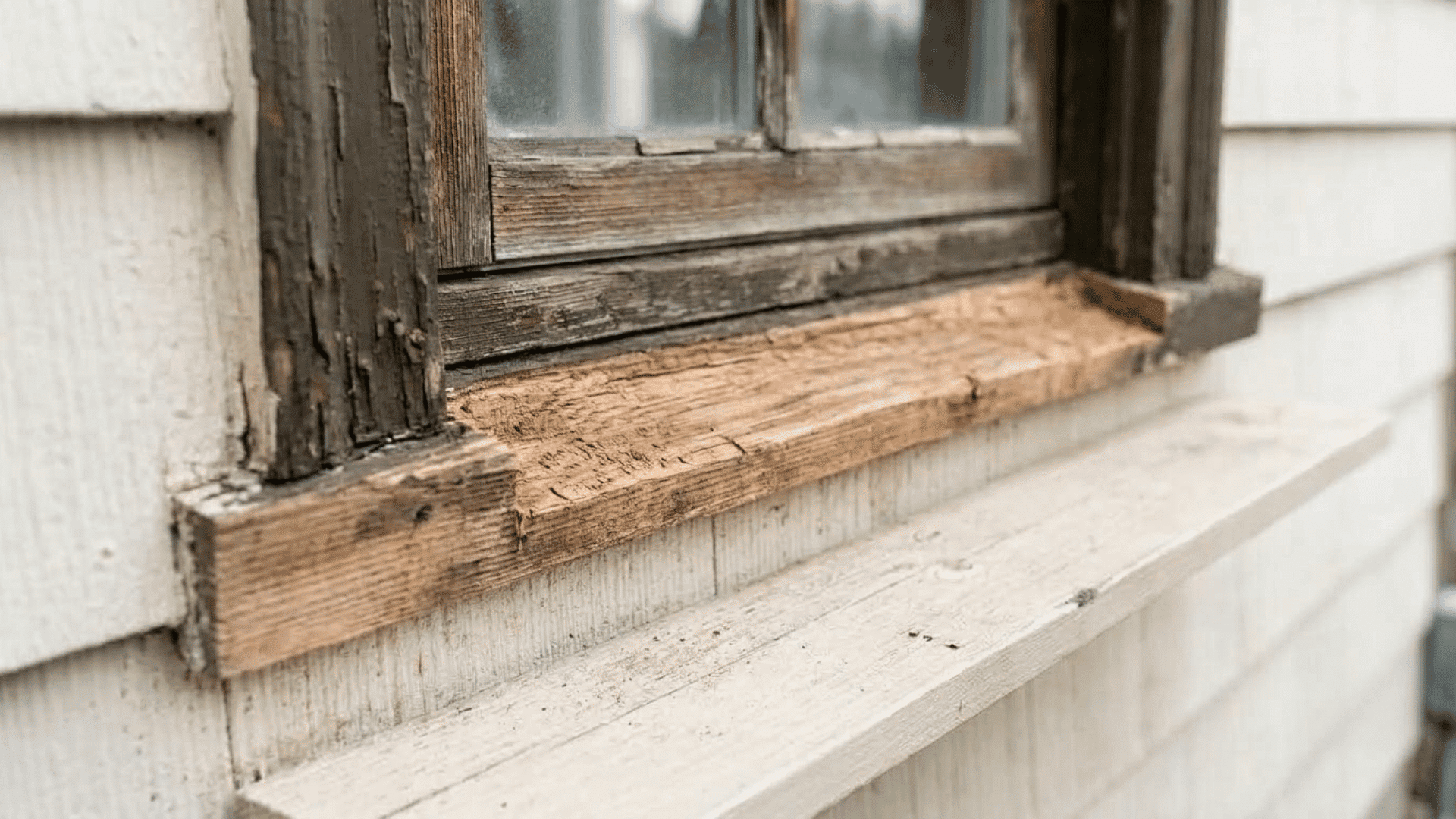 Cleaning a damaged wooden window sill with exposed wood after removing peeling paint.