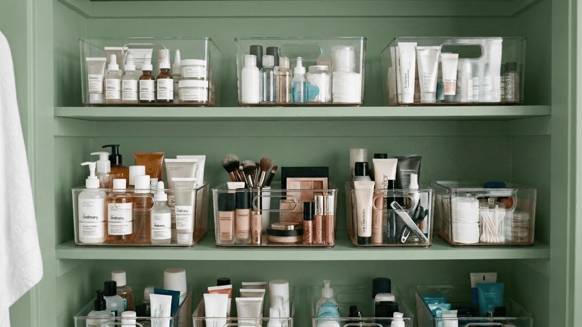 clear bins holding skincare, makeup, and small toiletry bottles on neatly arranged bathroom shelve