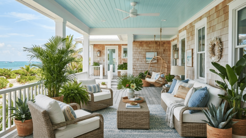 Coastal aqua blue porch ceiling creating a refreshing beach-inspired outdoor space