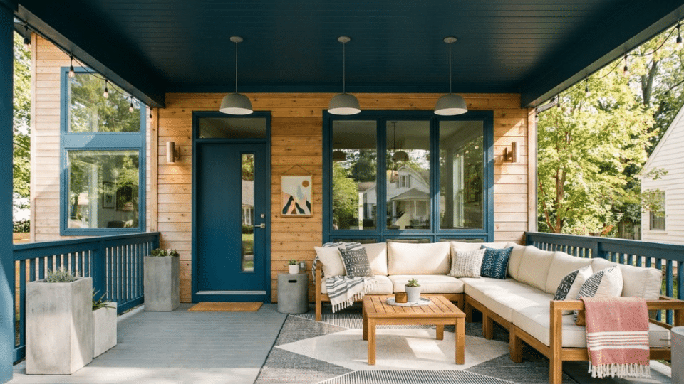A painted porch ceiling with bold colors creates a unique outdoor design statement.