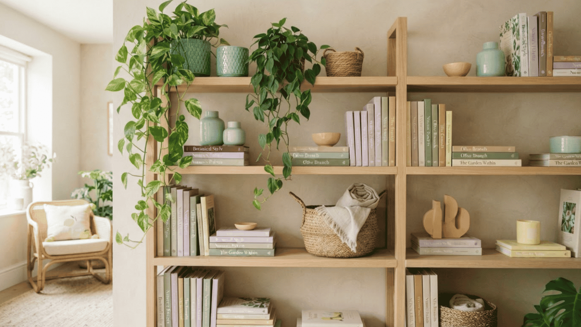 Nature-inspired bookshelf with colorful plants, pottery, woven baskets, and books