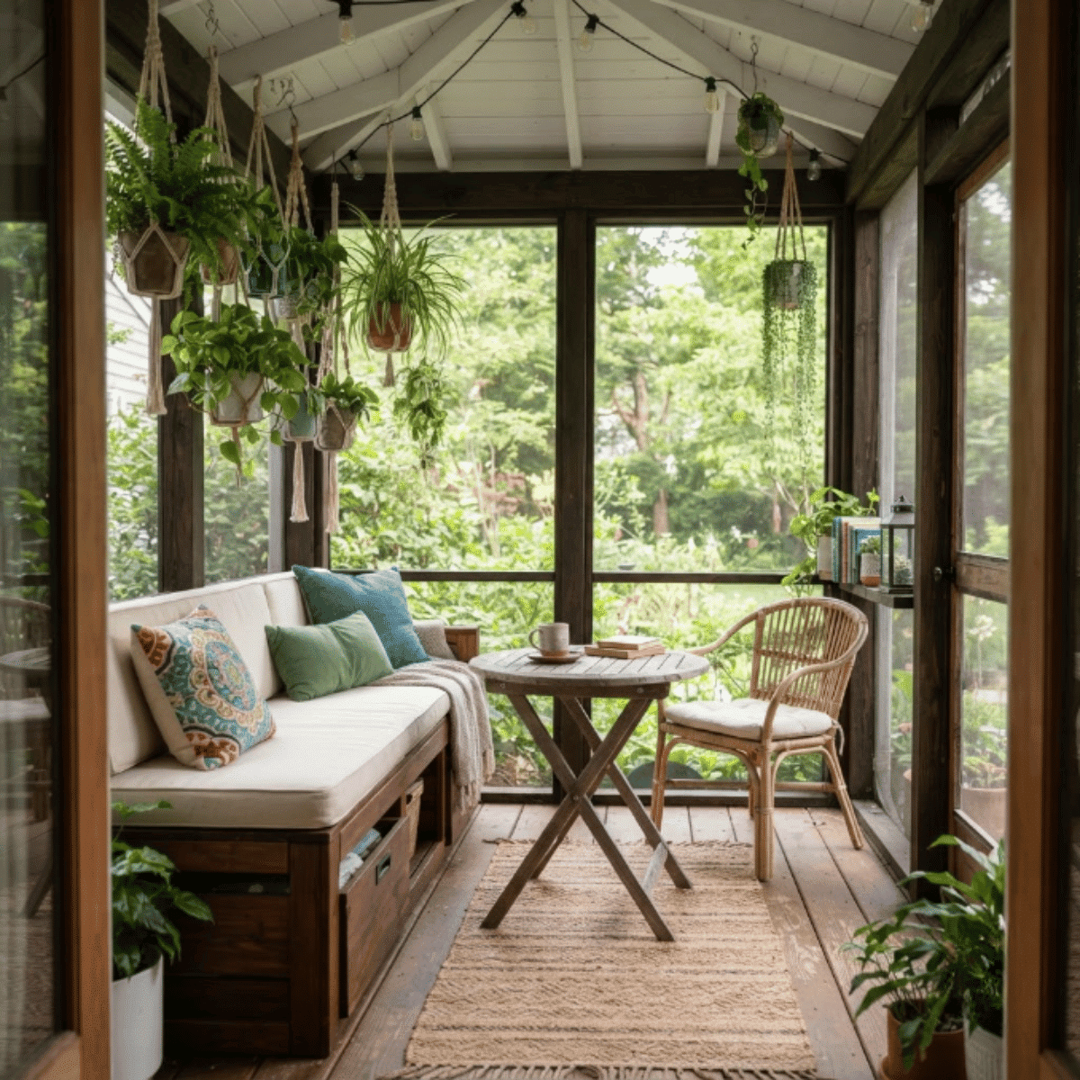 Small screened porch with bench seating, plants, and space-saving furniture
