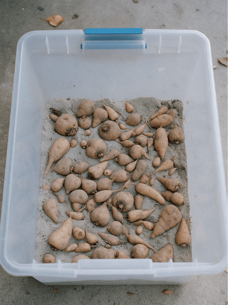 Dahlia tubers stored in a container with dry medium for winter storage.