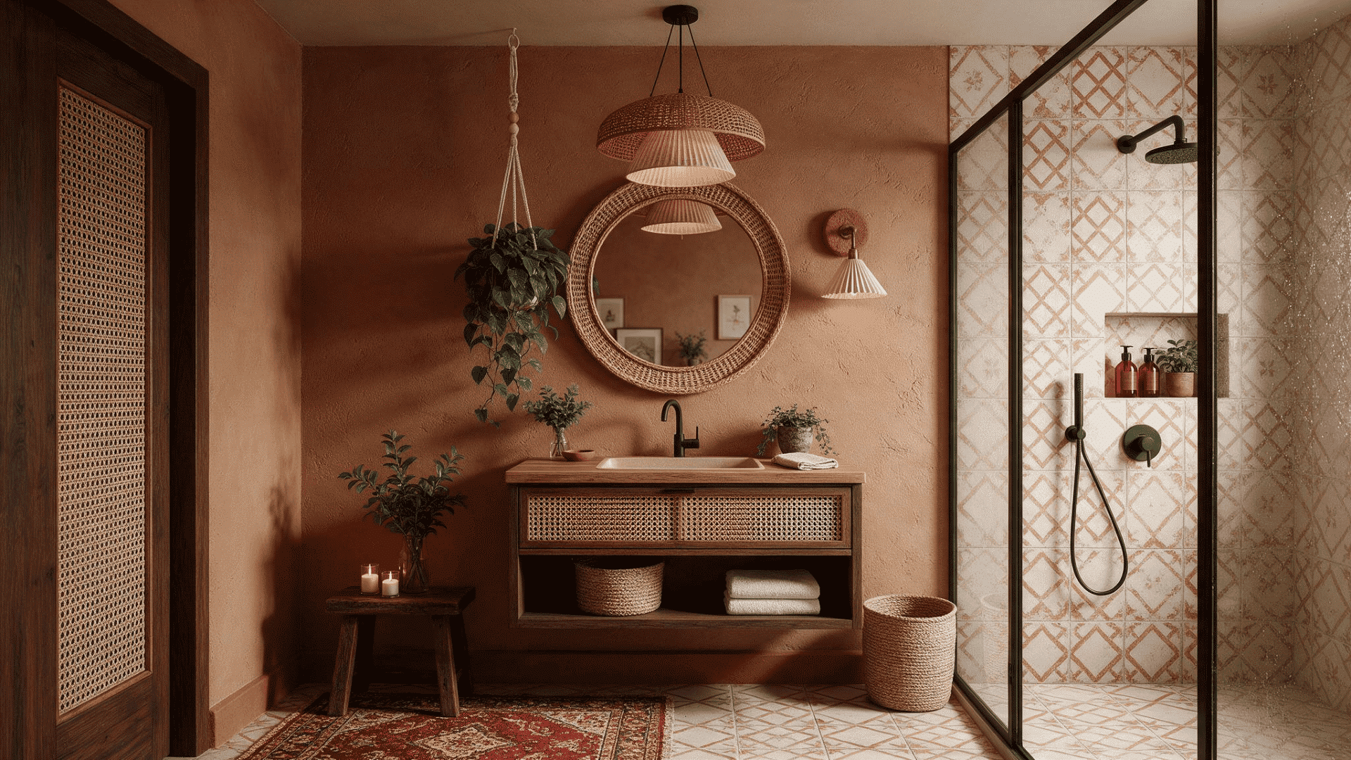 warm boho bathroom with a rattan vanity, round mirror, hanging plants, woven decor, and glass shower