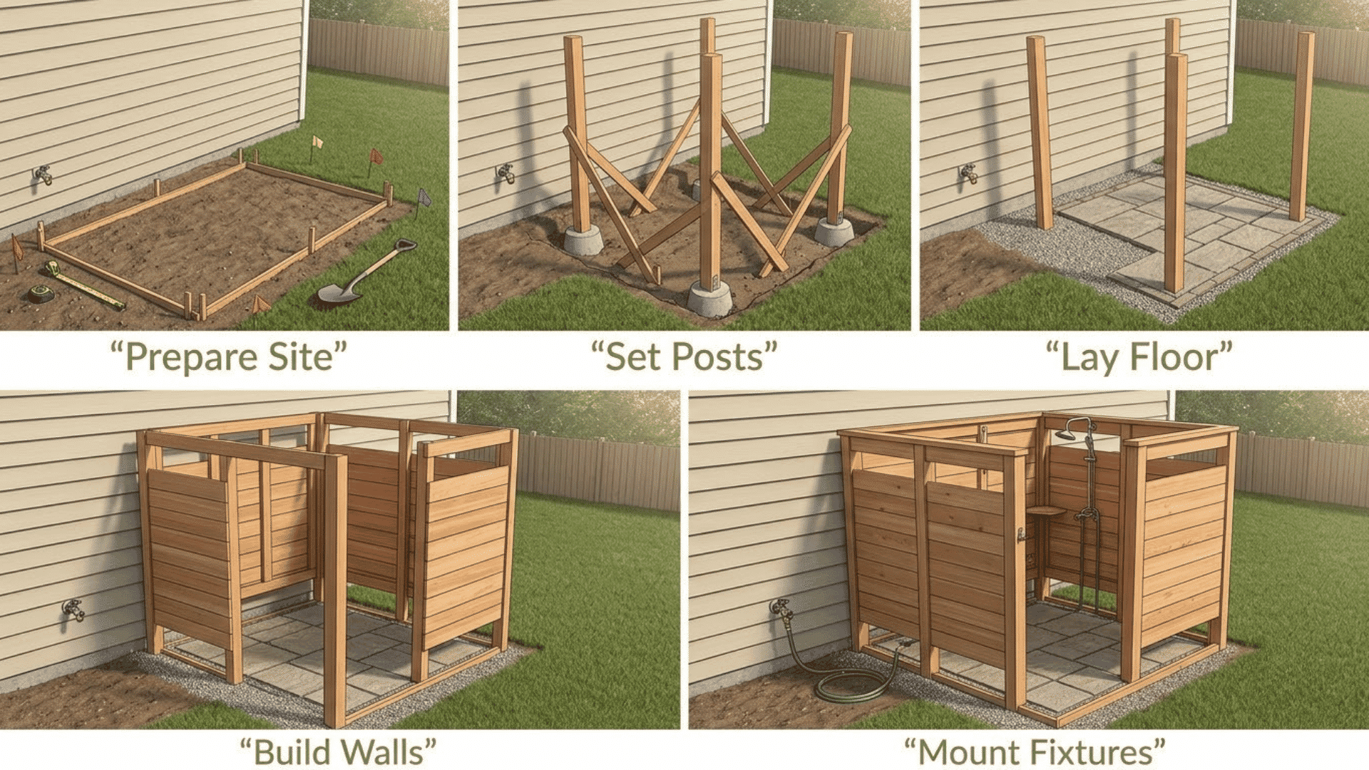 Step-by-step construction of a wooden outdoor shower enclosure from site preparation to fixture installation