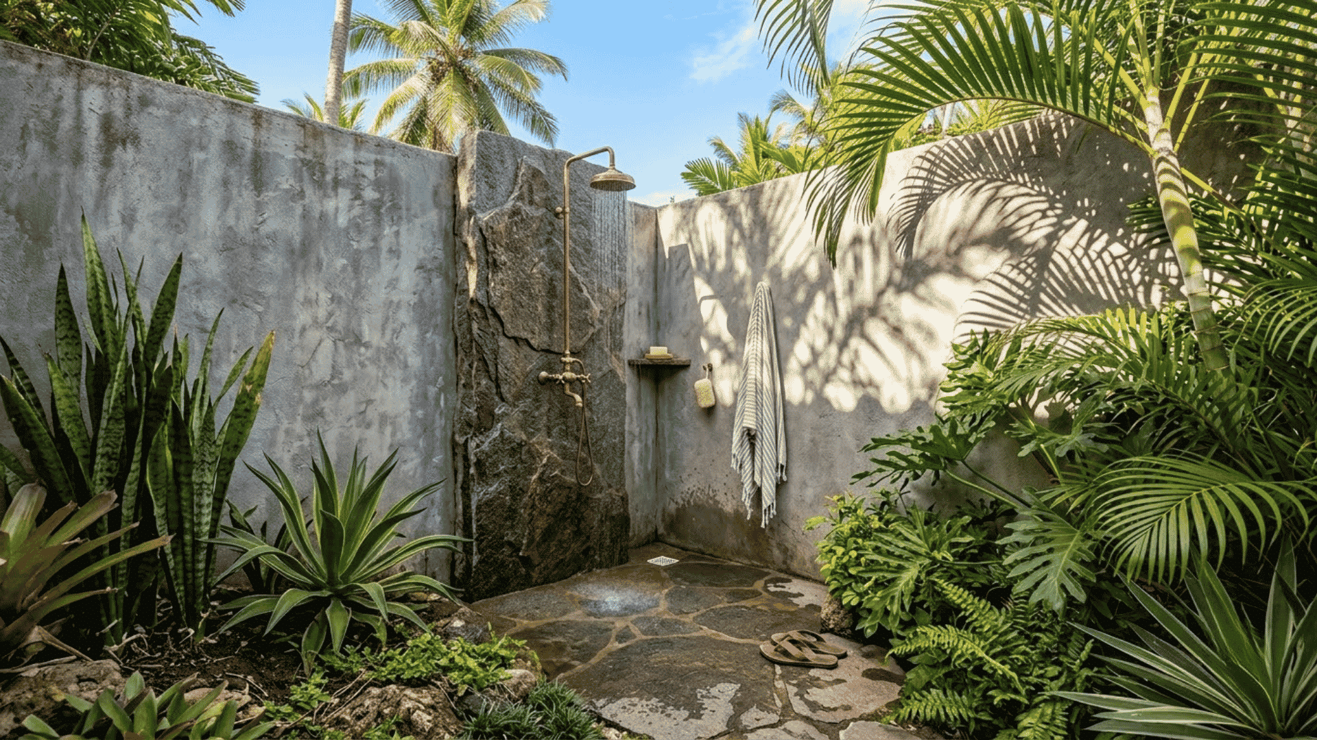 Outdoor shower with tropical plants, stone wall enclosure, natural rock feature, stone flooring, and lush greenery.