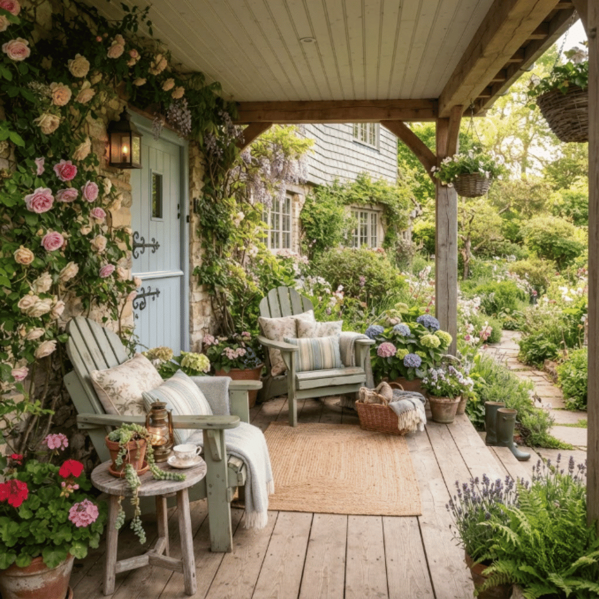 Cottage covered porch with painted chairs, flowers, and relaxed garden-inspired decoration