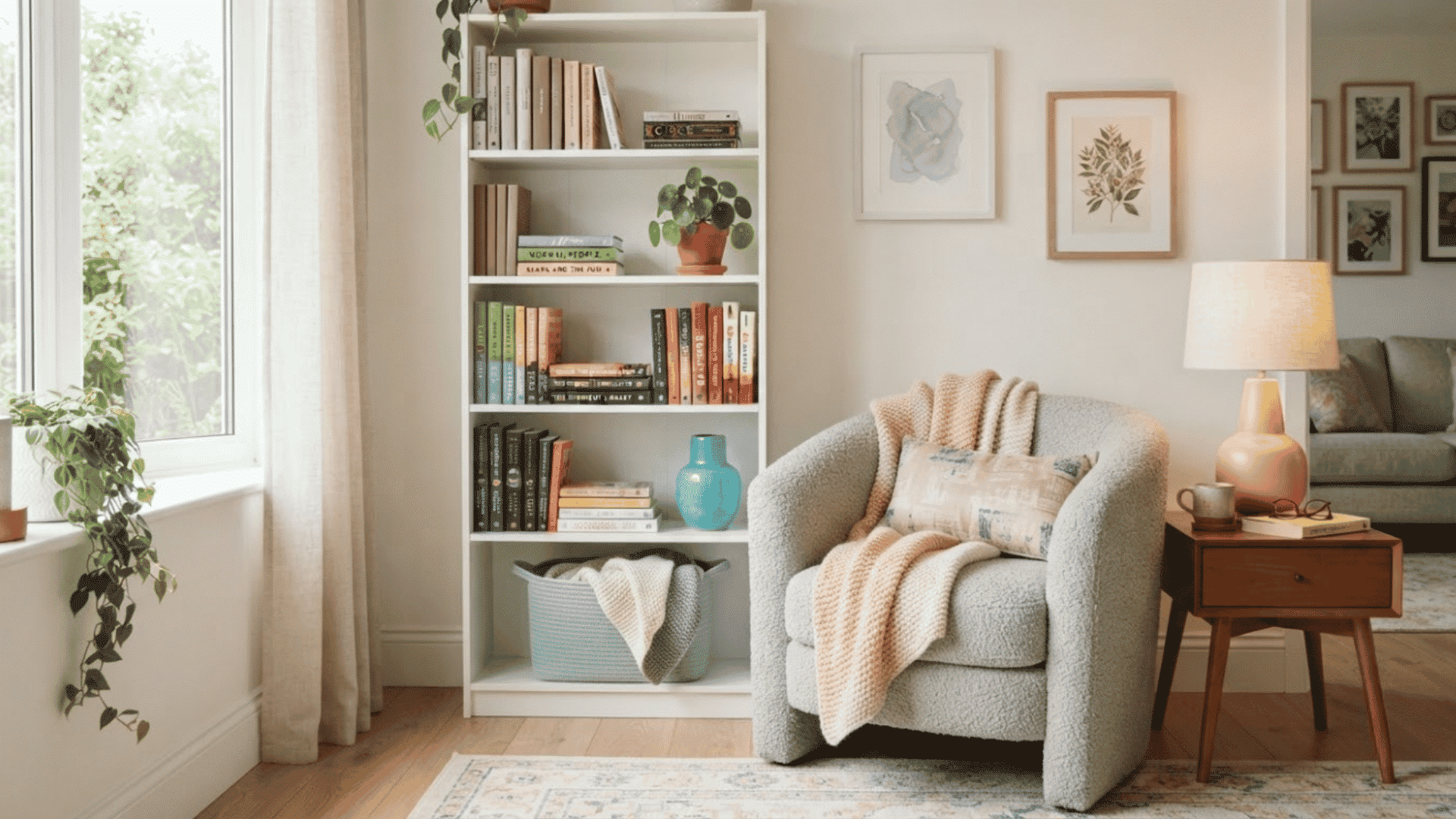 Cozy reading corner bookshelf with colorful books, plants, artwork, and comfortable seating