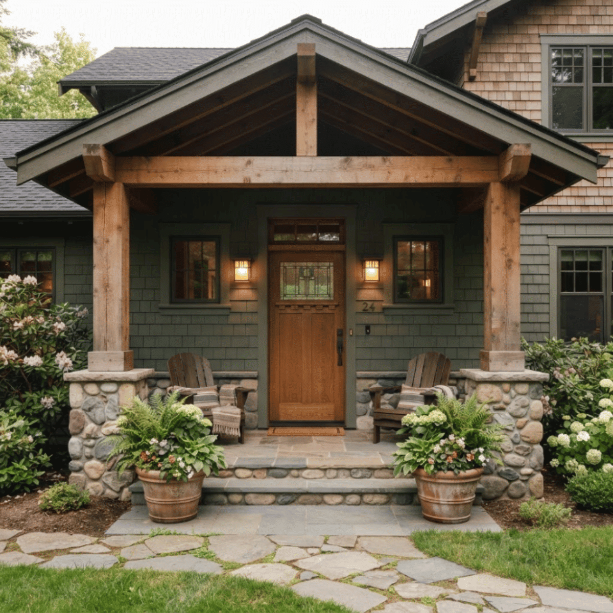 Farmhouse covered porch with wooden swing, cushions, and rustic outdoor seating arrangement