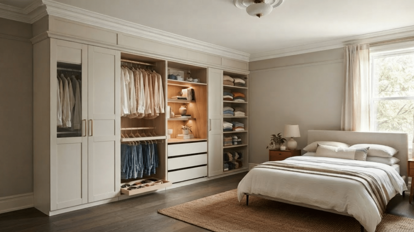 IKEA PAX wardrobes finished with crown molding and upper panels for a high-end custom built-in look.