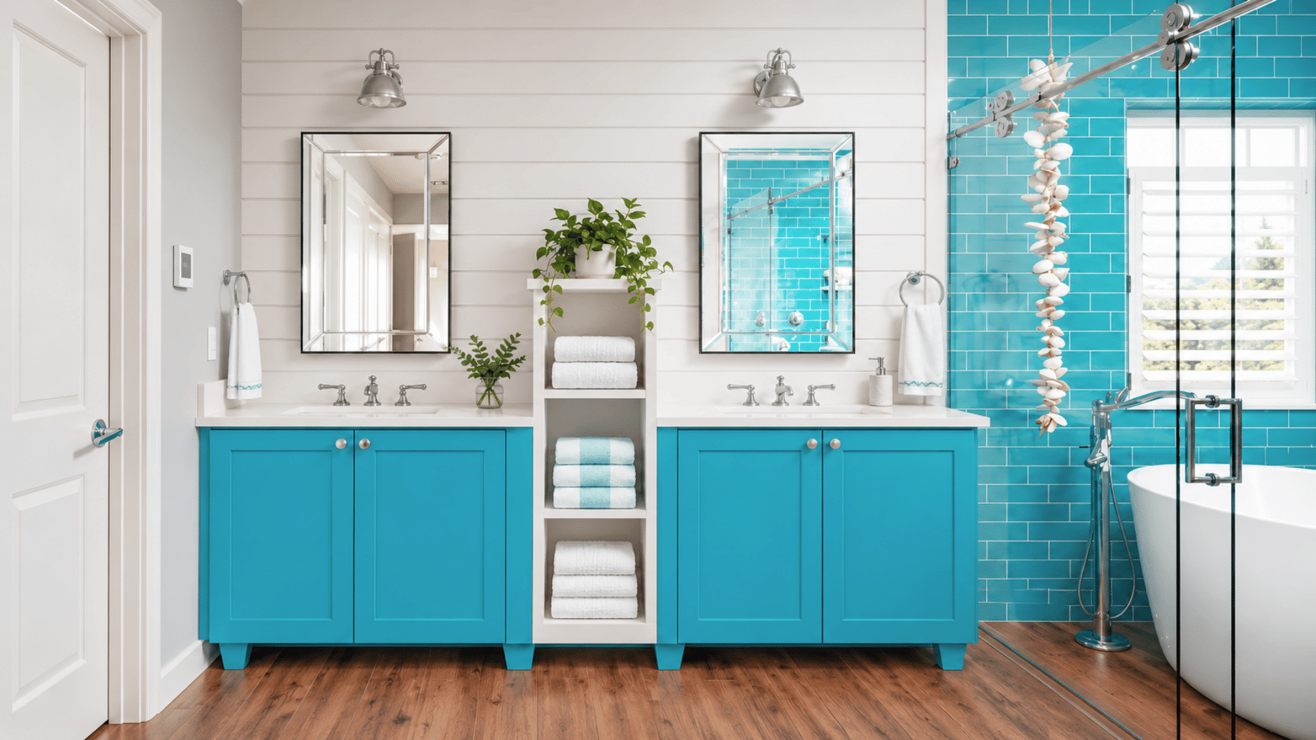 bright bathroom with turquoise vanities, central open shelving, folded towels, and a glass shower enclosure