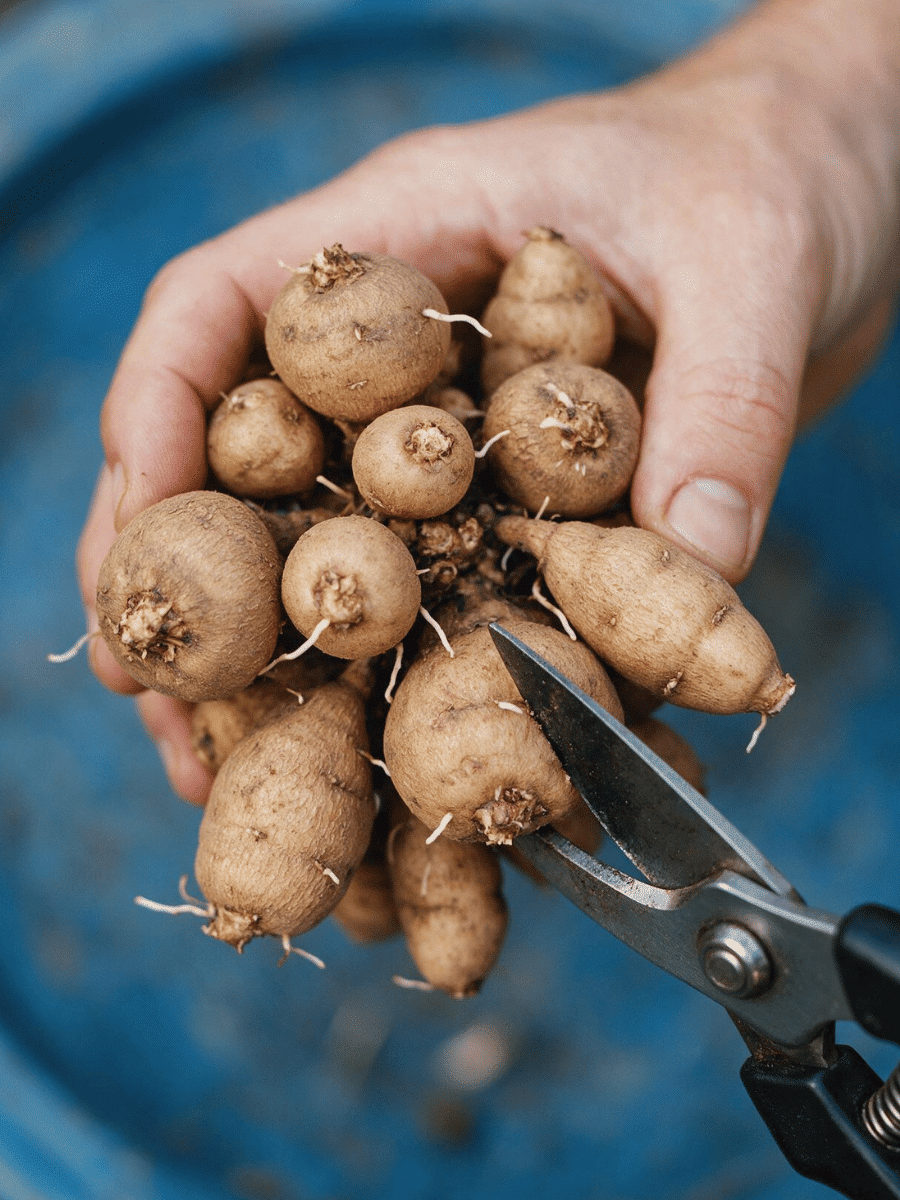 Dahlia tubers being trimmed and prepared before winter storage.