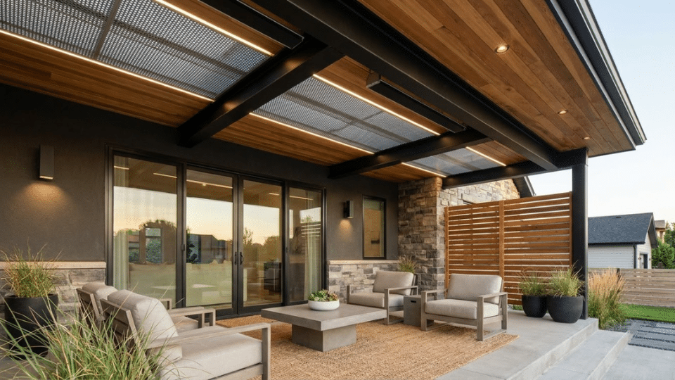 A mixed-material porch ceiling combines wood and metal for a custom outdoor look.