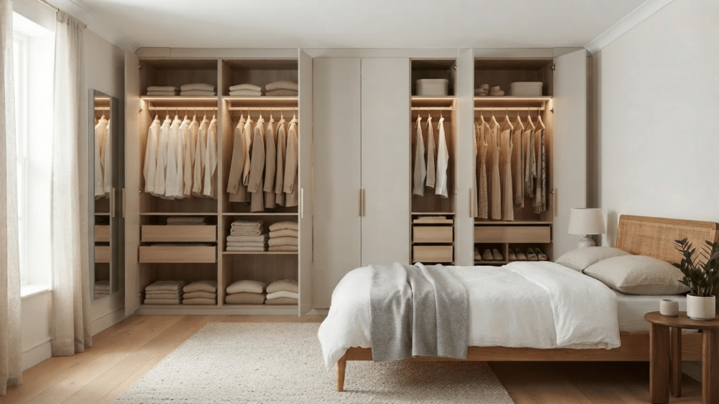 IKEA PAX wardrobes finished with full-height custom side panels for a seamless cabinetry effect.
