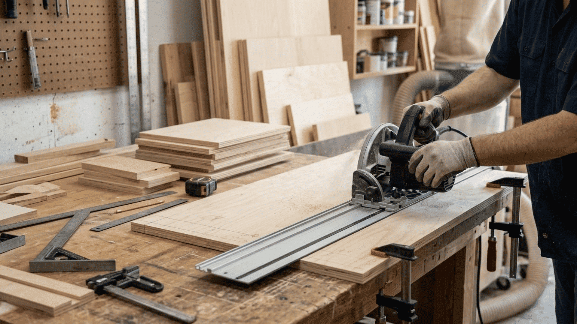 Hands cutting cabinet panels with a circular saw on a woodworking workbench