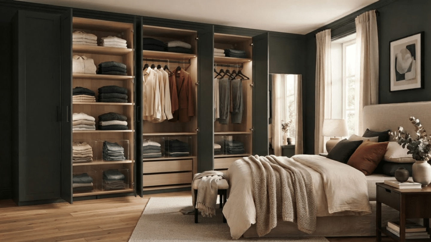 IKEA PAX wardrobe painted in a rich dark finish with premium hardware for a dramatic luxury look.