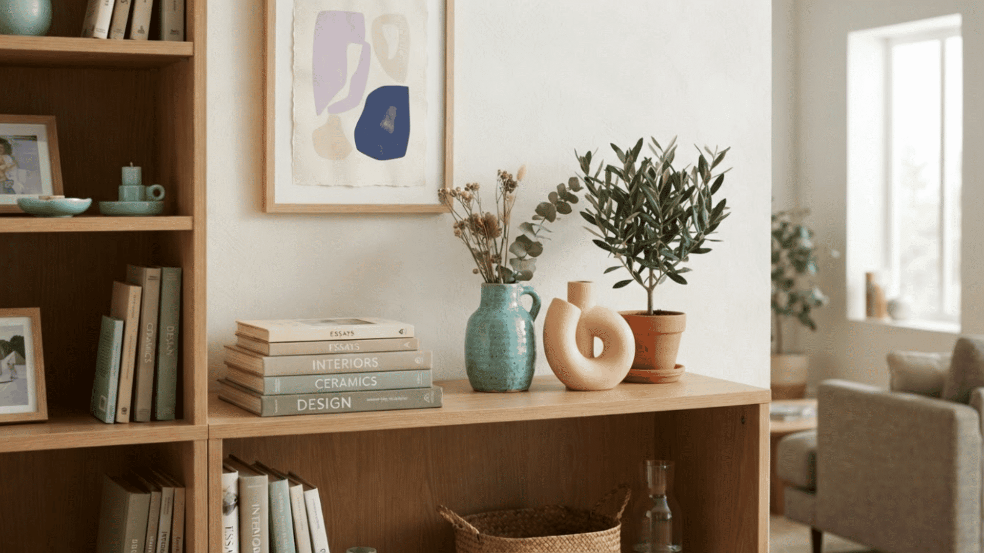 Bookshelf decorated using rule of three with colorful balanced objects