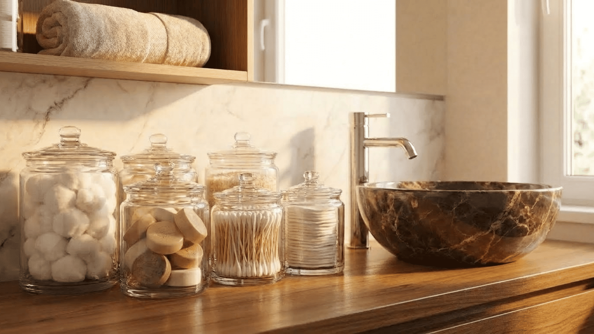 glass jars holding cotton balls, soap, swabs, and pads beside a marble bathroom sink