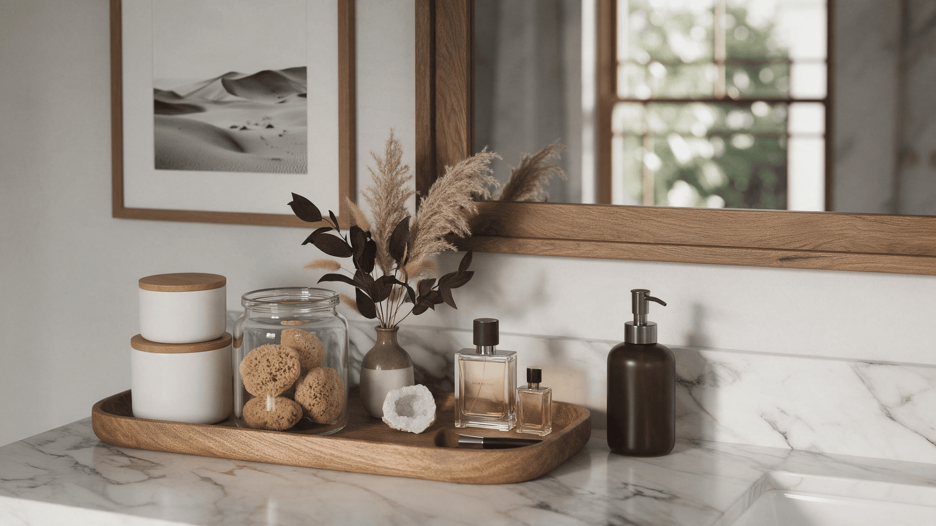 wooden bathroom tray with storage jars, sponges, perfume bottles, and decorative accents on a marble bathroom countertop