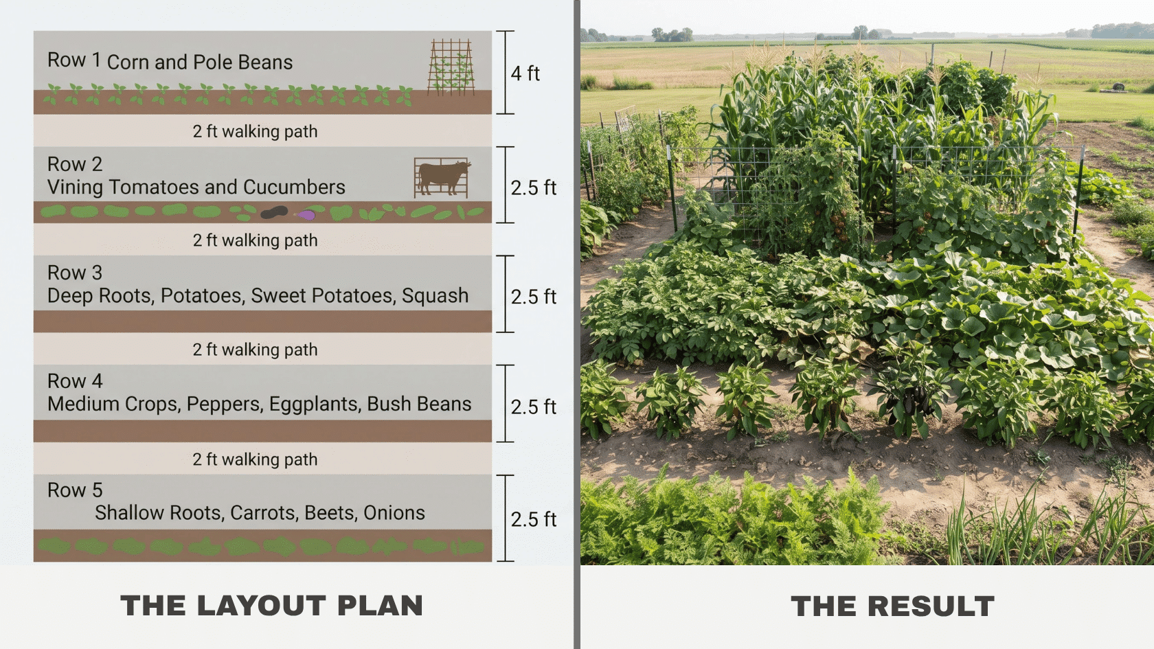 Deep root homestead row vegetable garden layout plan and garden showing parallel field rows of corn, tomatoes, and potatoes