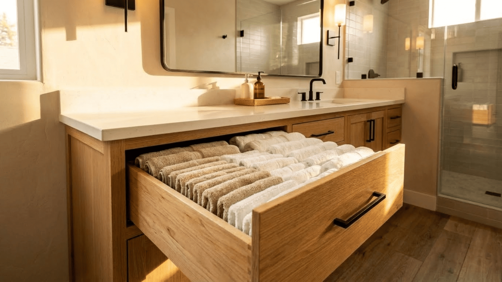 deep wooden vanity drawer storing neatly folded white and beige towels in a modern bathroom