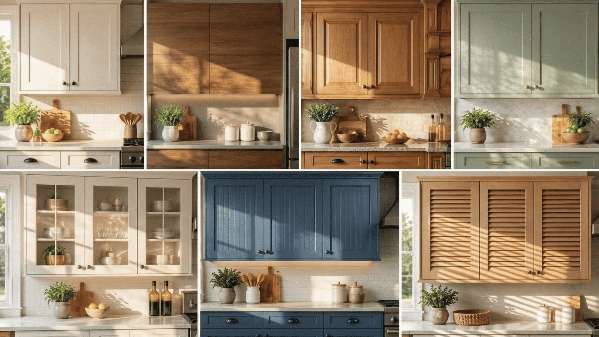 Cabinet door styles collage showing shaker, slab, raised panel, glass front, beadboard, and louvered kitchen cabinets