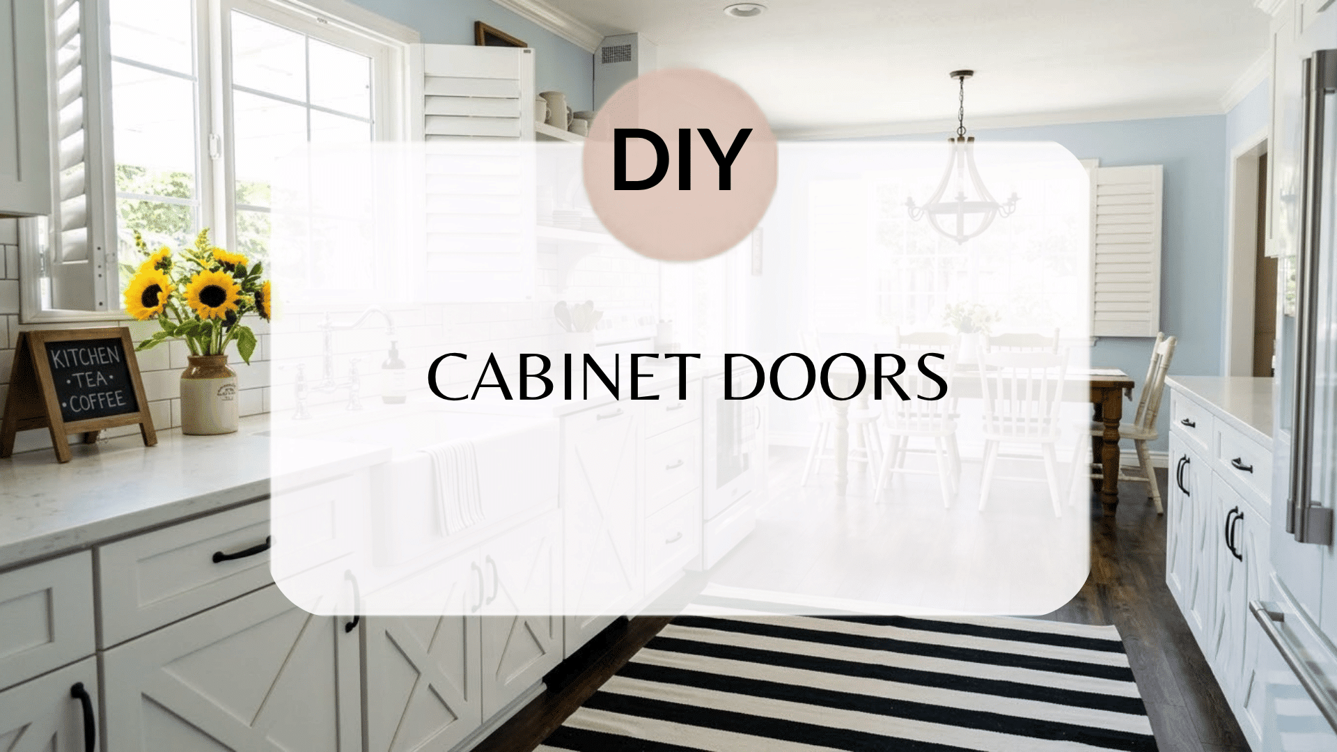 DIY cabinet doors title overlay on a bright white kitchen with cabinets and island