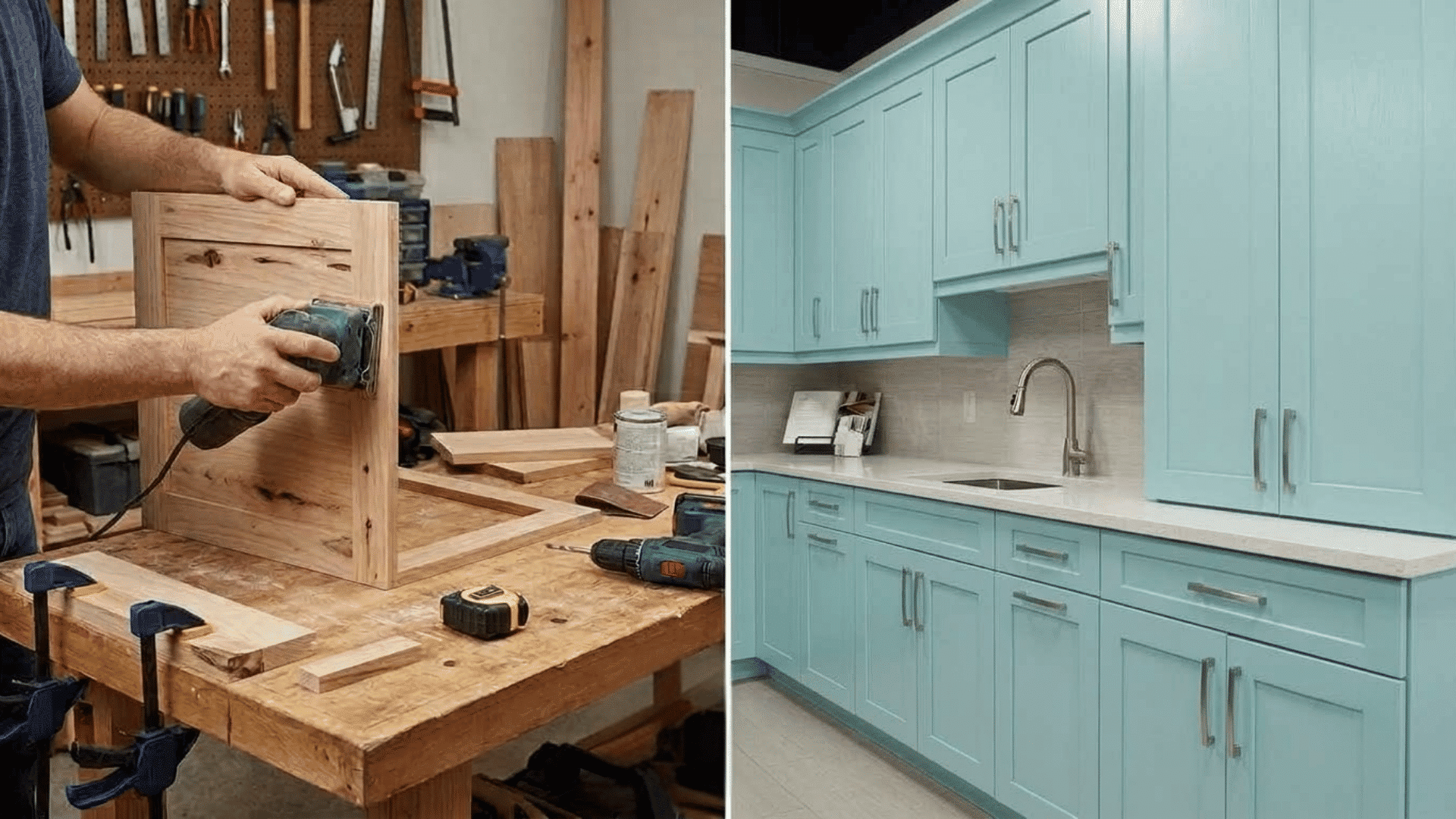 DIY cabinet door sanding in a workshop beside a finished modern kitchen with new cabinet doors
