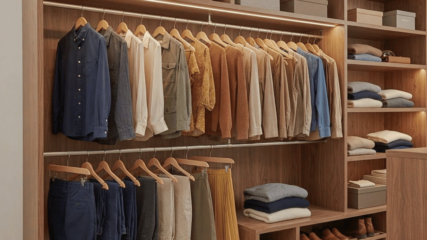 Double hanging closet rods increase wardrobe capacity by adding a second level for shorter clothing items and accessories.