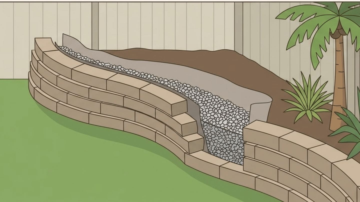 Landscape fabric and drainage gravel installed behind the curved retaining wall