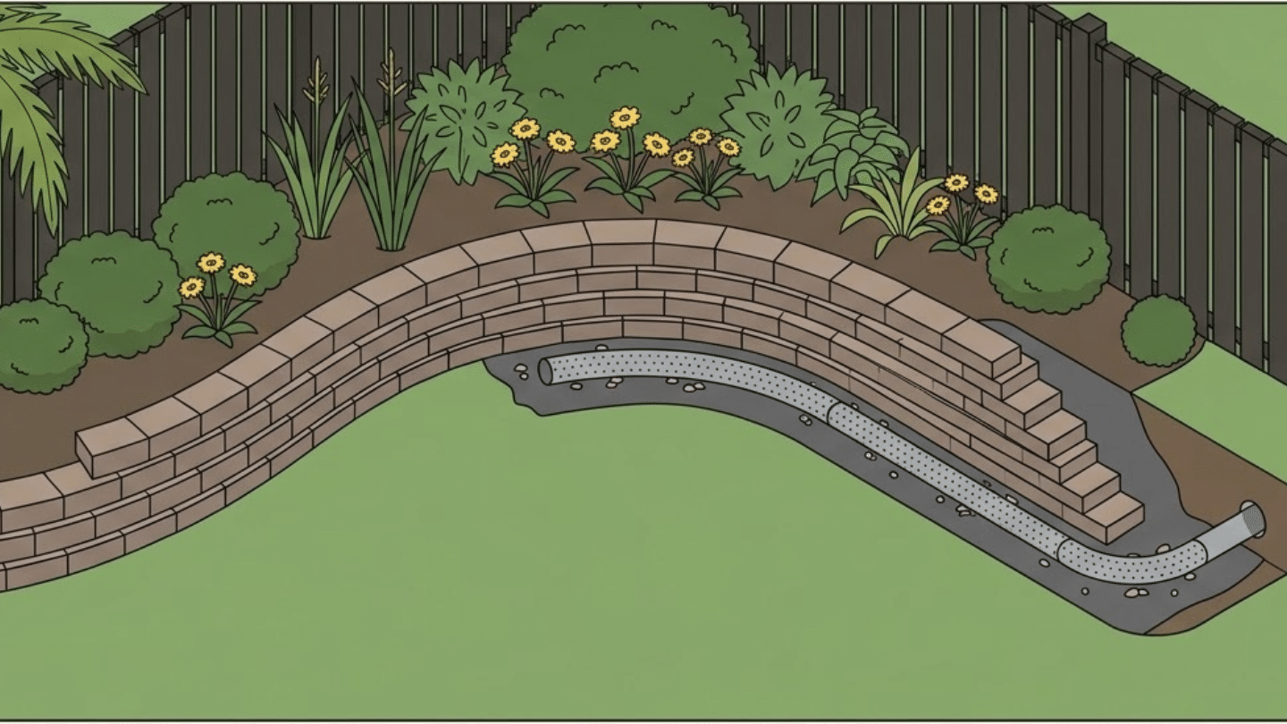 Perforated drainage pipe positioned near the base behind the retaining wall