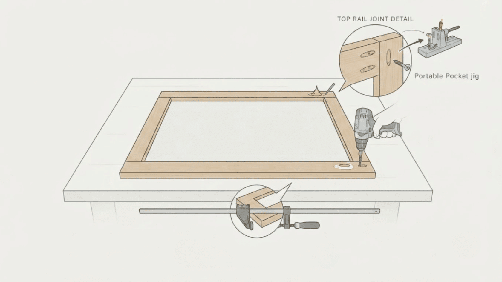 Assembled rails and stiles create the front structure of face frame cabinets before attaching them to the cabinet box.