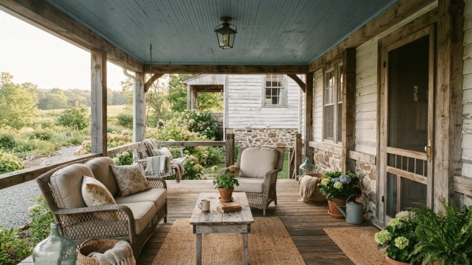 Dusty blue porch ceiling adding vintage charm to a rustic outdoor space