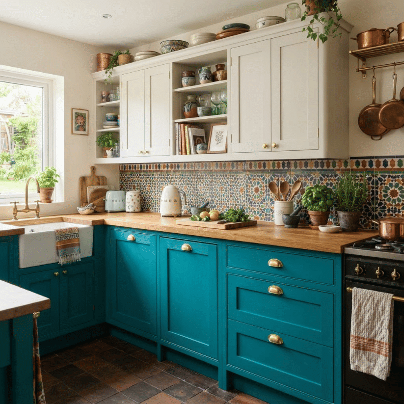 dusty indigo lowers white oak cabinets