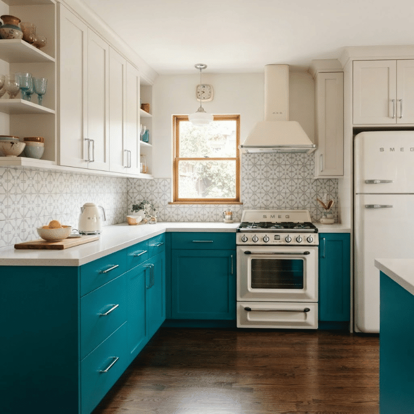 dusty indigo lowers white oak shelving