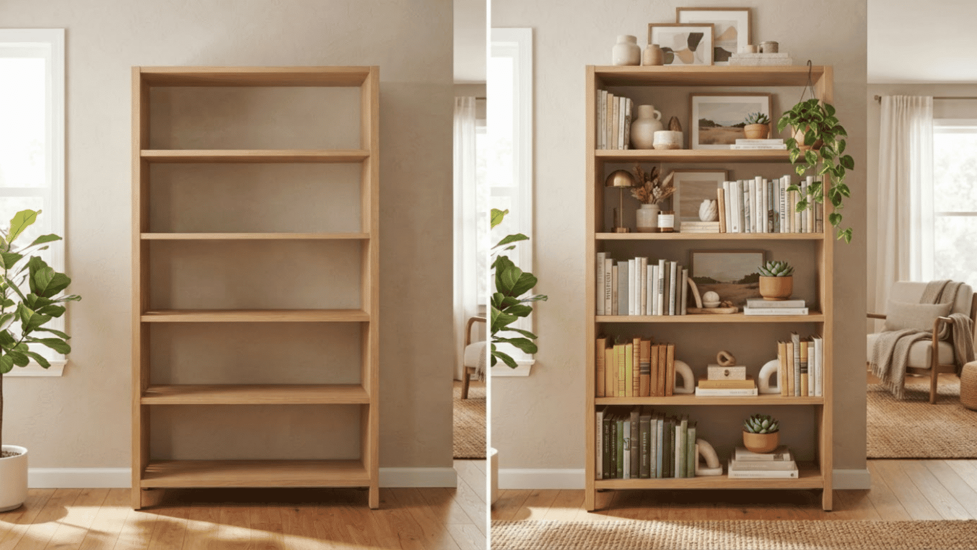 Empty bookshelf prepared for styling with colorful decor pieces nearby