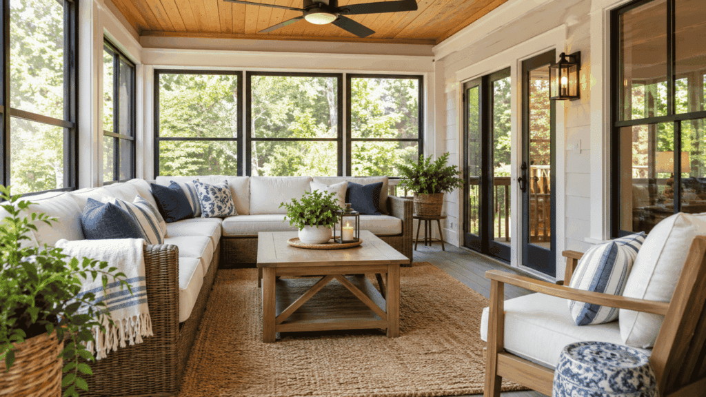 Enclosed porch with large windows, cozy seating, wood ceiling, plants, and natural outdoor views
