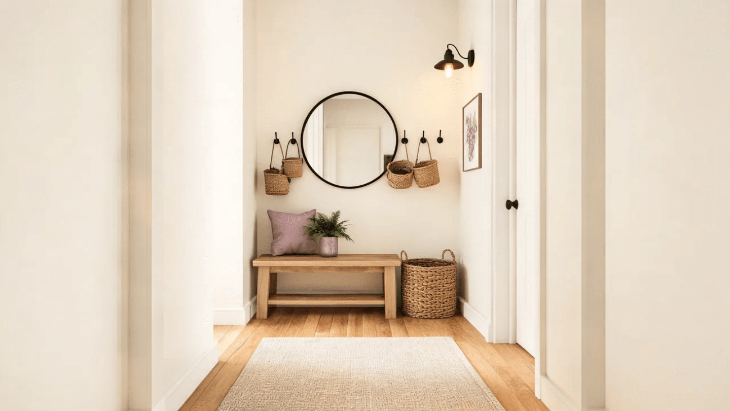 Modern farmhouse entryway with wood bench, woven baskets, black hooks, and light grape accents